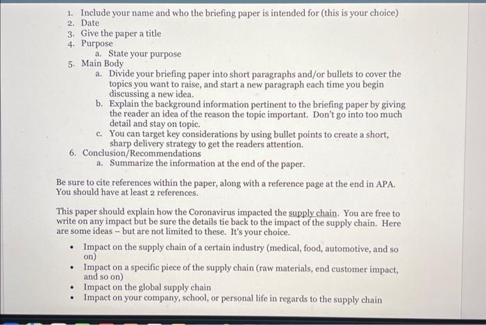 i need help writing a quick breifing paper on the