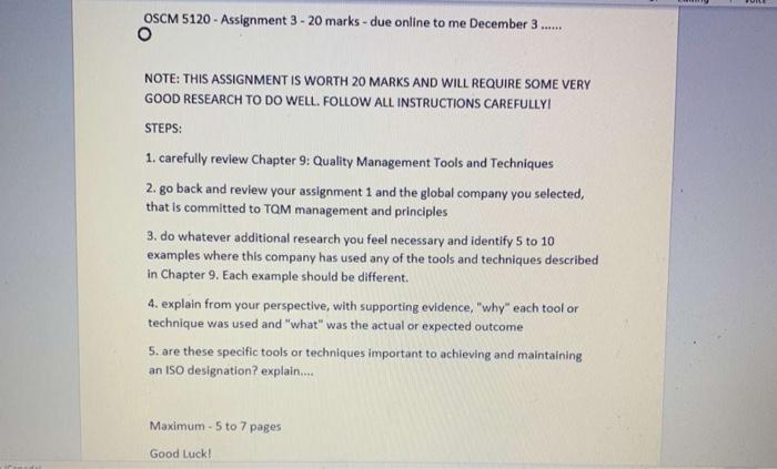 OSCM 5120 - Assignment 3 - 20 marks - due online