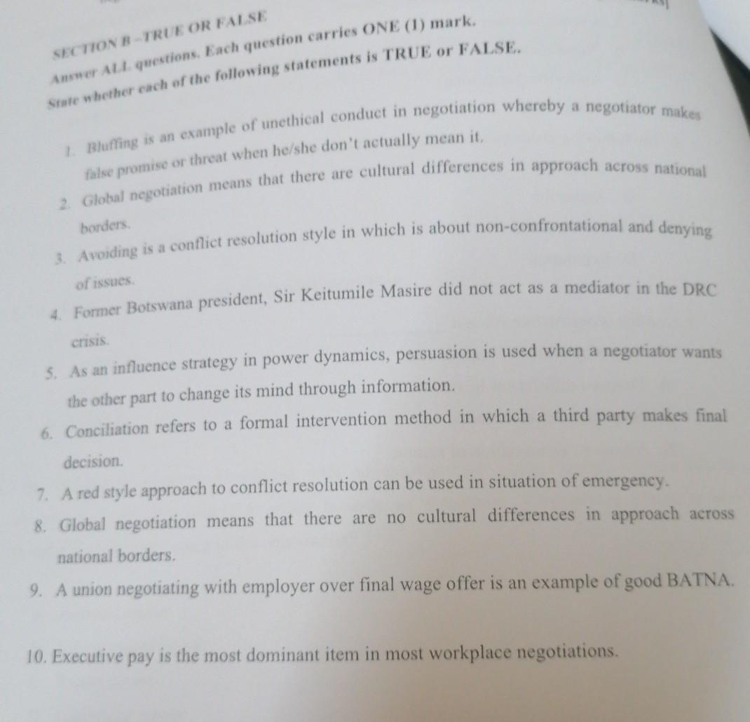 SECTION TRUE OR FALSE Answer all questions. Each