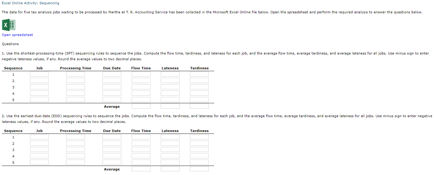 Excel Online Activity: Sequencing The data for