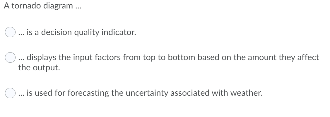 A tornado diagram ... O ... is a decision quality