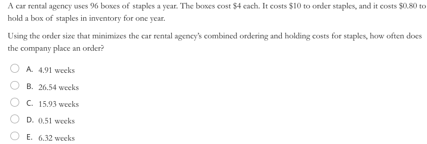 A car rental agency uses 96 boxes of staples a