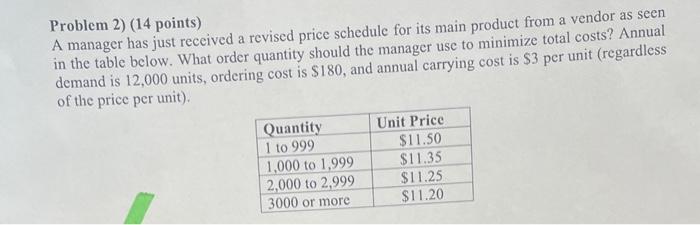 Problem 2) (14 points) A manager has just