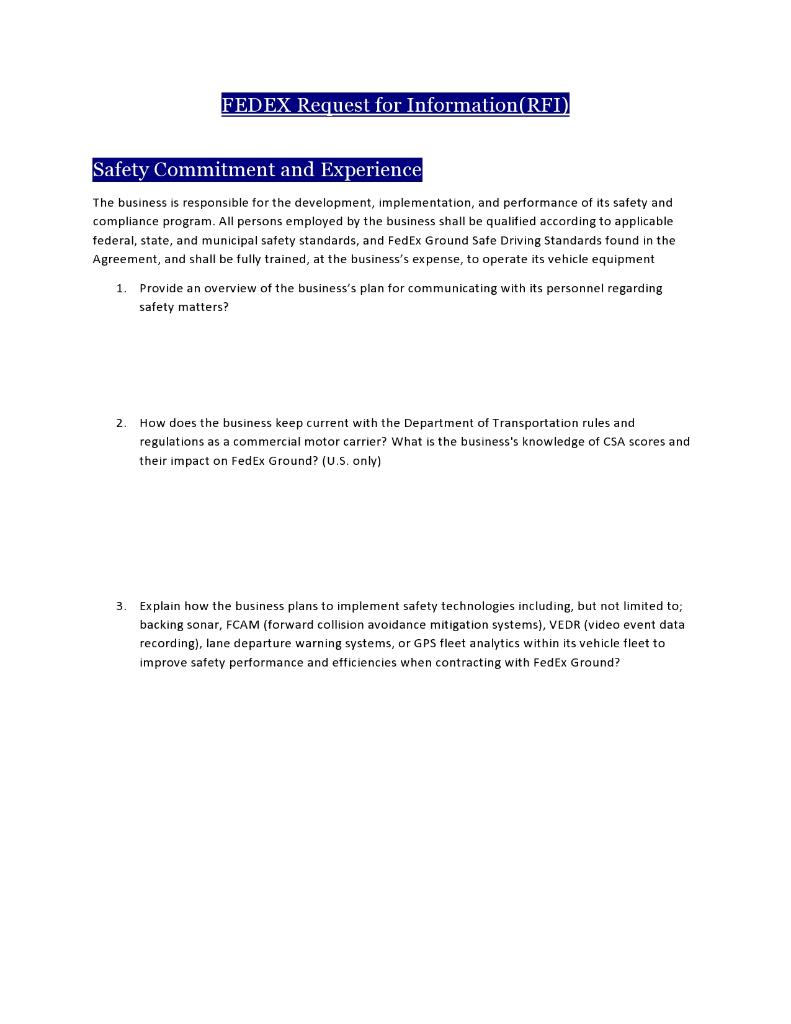 FEDEX Request for Information(RFI) Safety