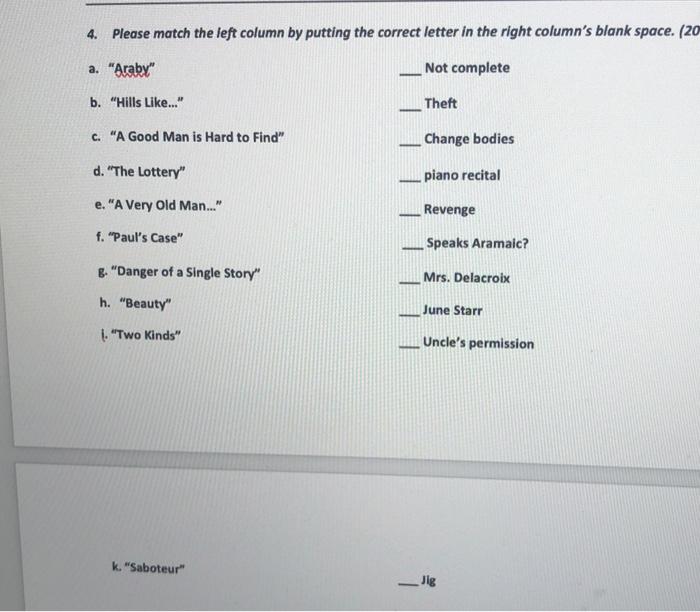 4. Please match the left column by putting the