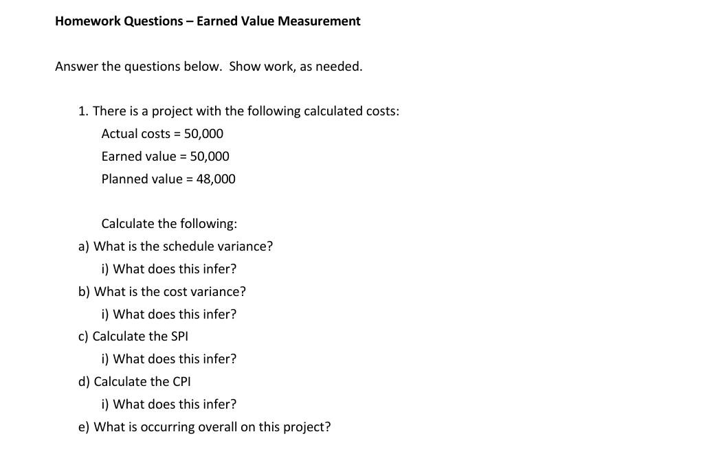 Homework Questions - Earned Value Measurement