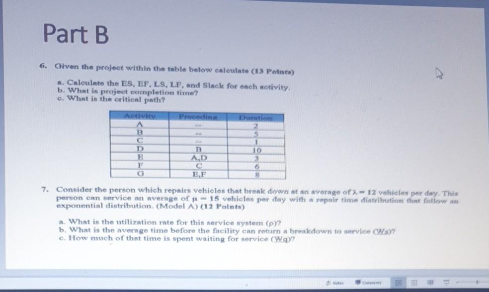 Part B 6. Given the project within the table
