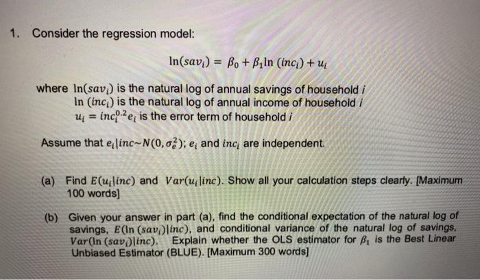 1. Consider the regression model: In(savi) = Bo +