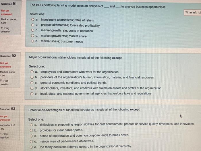Question 91 The BCG portfolio planning model uses