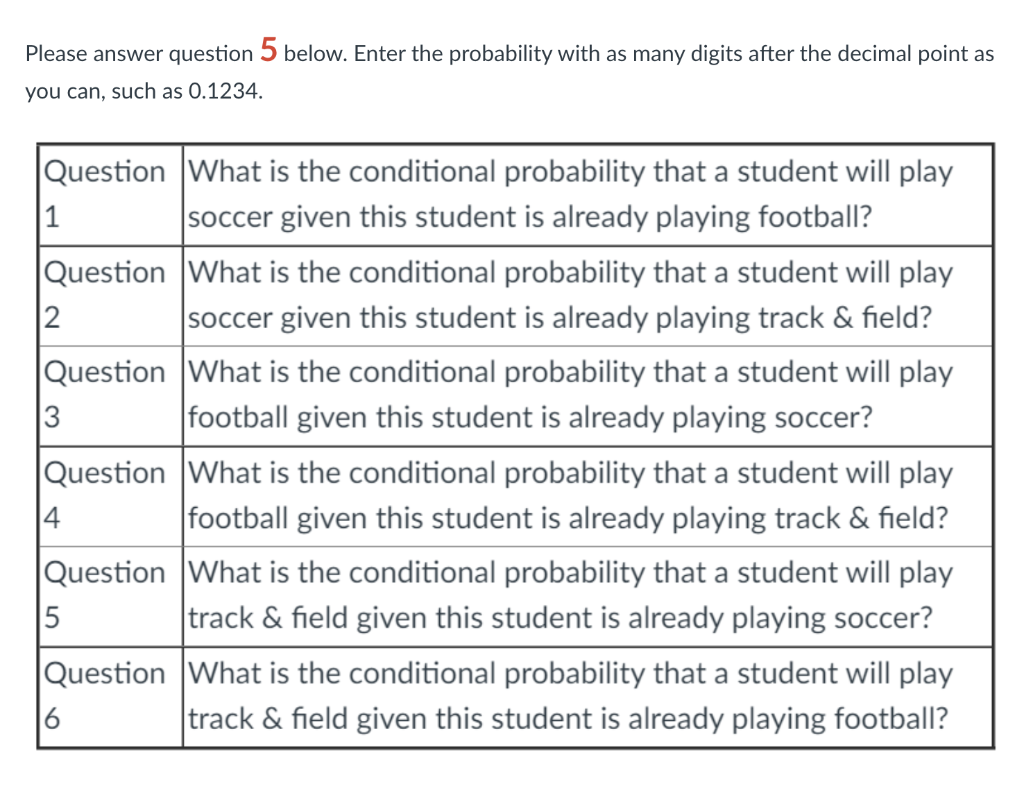 Please answer question 5 below. Enter the
