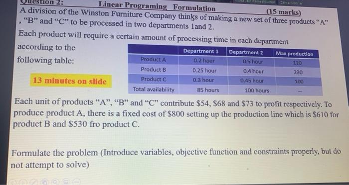 0.2 hour desnion 2: Linear Programing Formulation