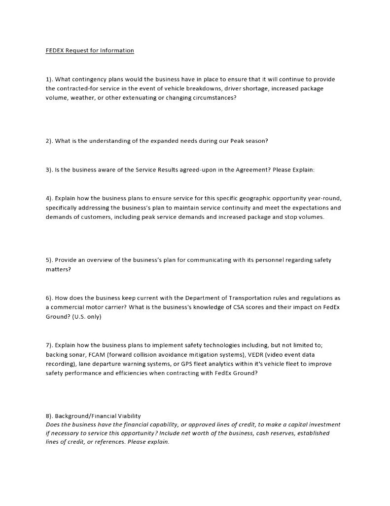 FEDEX Request for Information 1). What