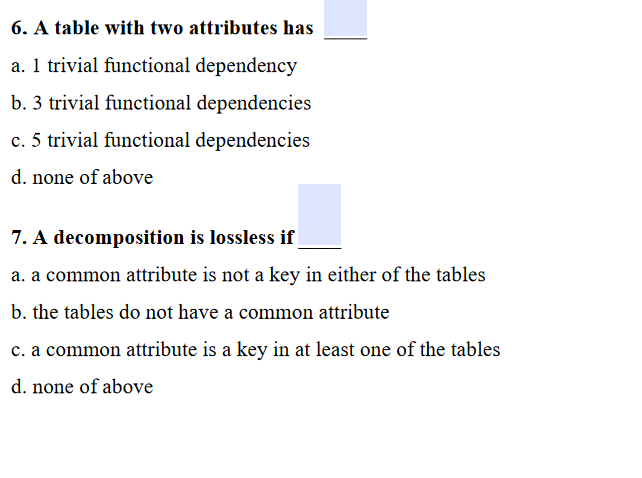 6. A table with two attributes has a. 1 trivial