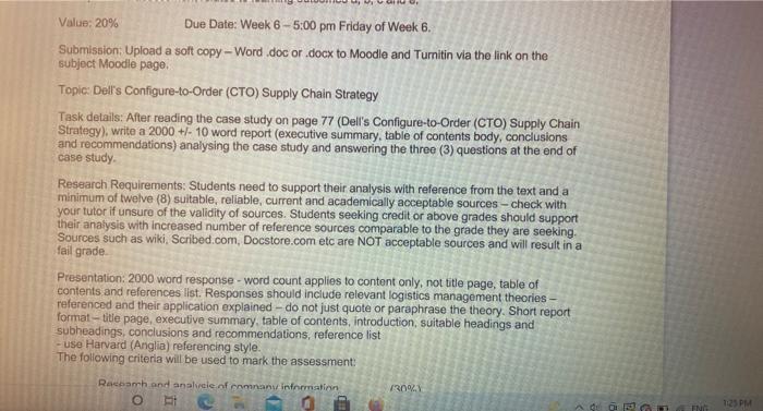 Value: 20% Due Date: Week 6 - 5:00 pm Friday of