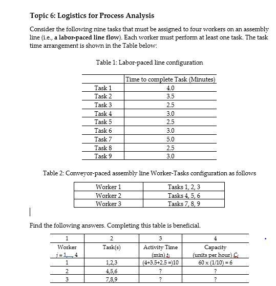 Topic 6: Logistics for Process Analysis Consider