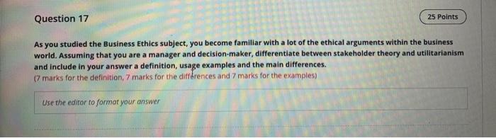 Question 17 25 Points As you studied the Business