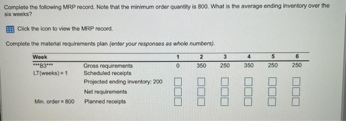Complete the following MRP record. Note that the