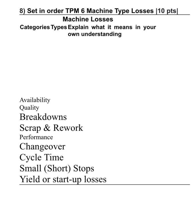 8) Set in order TPM 6 Machine Type Losses (10 pts