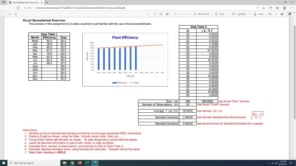 Excel Spreadsheet Exercise The purpose of this