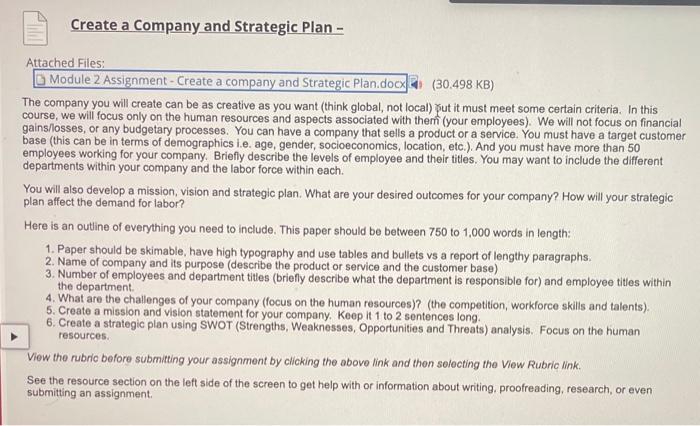 Create a Company and Strategic Plan - Attached