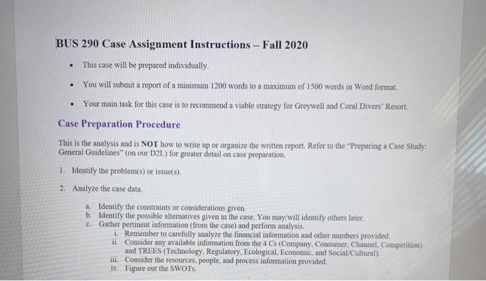 BUS 290 Case Assignment Instructions - Fall 2020