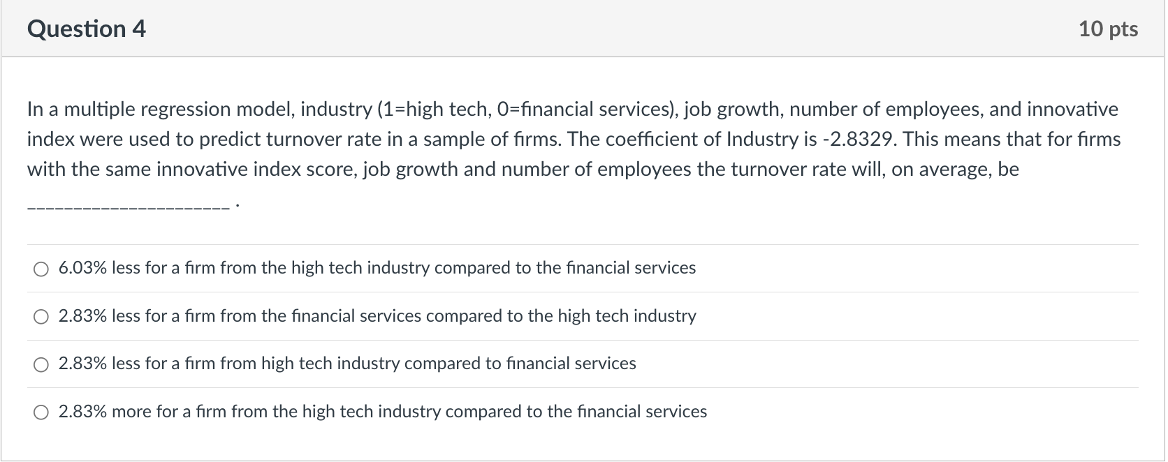 In a multiple regression model, industry (1=high