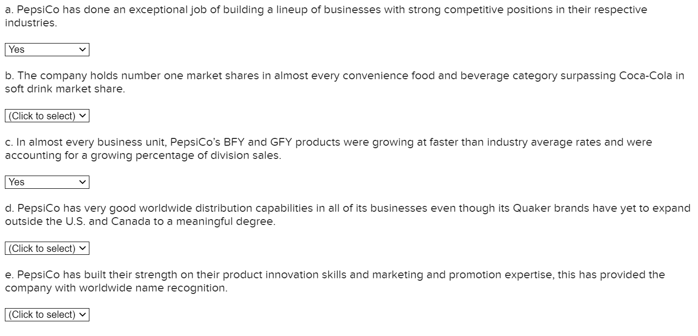 Yes or No a. PepsiCo has done an exceptional job