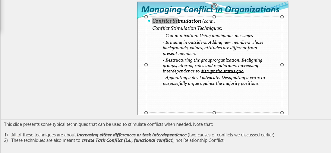 Describe an example where conflict stimulation is