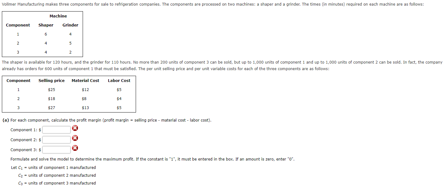 (a) For each component, calculate the profit