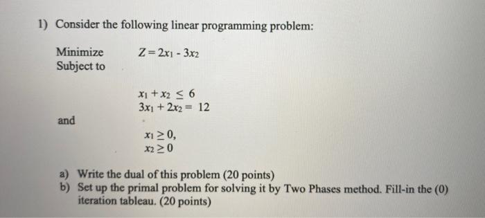 1) Consider the following linear programming