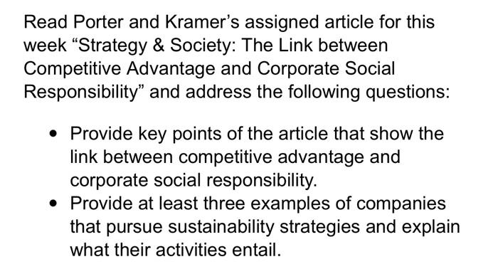 Read Porter and Kramer's assigned article for