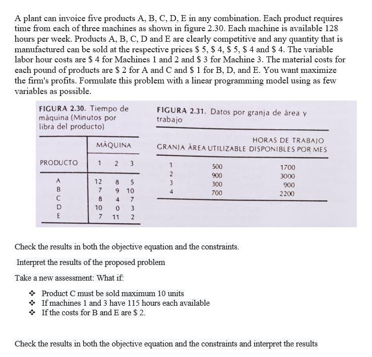 A plant can invoice five products A, B, C, D, E