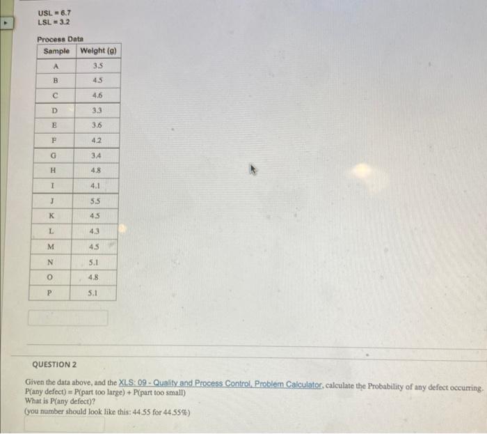 question #2 USL=6.7LSL=3.2 Process Data QUESTION