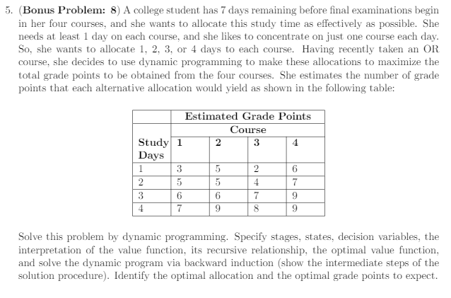 5. (Bonus Problem: 8) A college student has 7