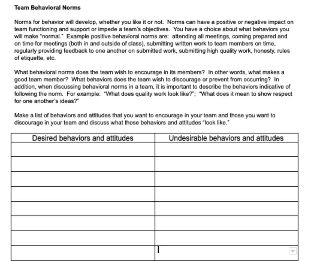 Give examples Team Behavioral Norms Norms for