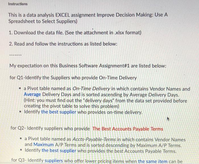 Instructions This is a data analysis EXCEL