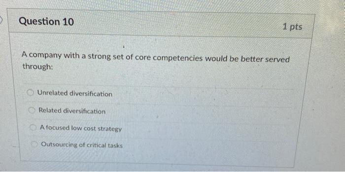 Question 10 1 pts A company with a strong set of
