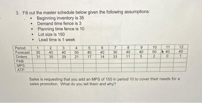 3. Fill out the master schedule below given the