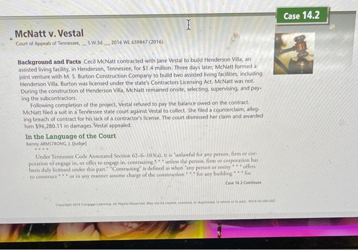 summary pls Case 14.2 I McNatt v. Vestal Court of