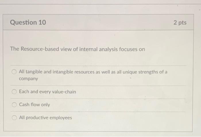 Question 10 2 pts The Resource-based view of