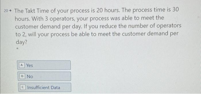 20 The Takt Time of your process is 20 hours. The