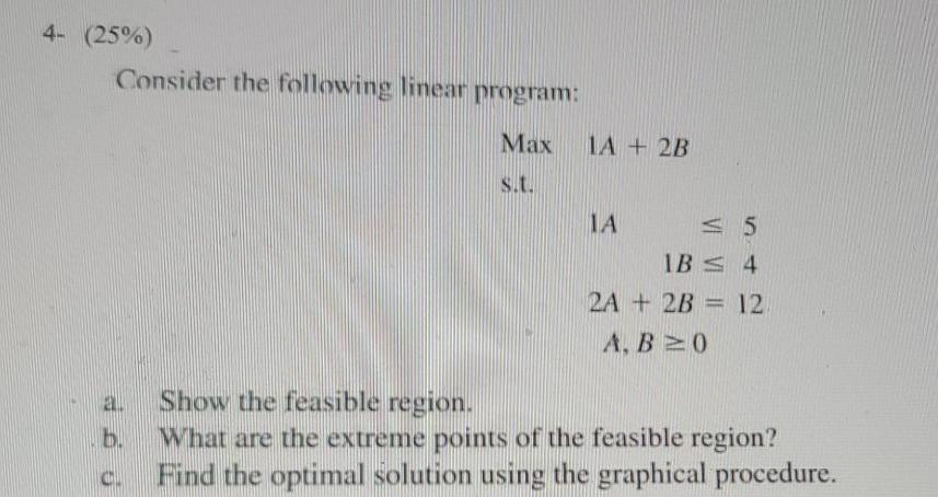 4- (25%) Consider the following linear program: