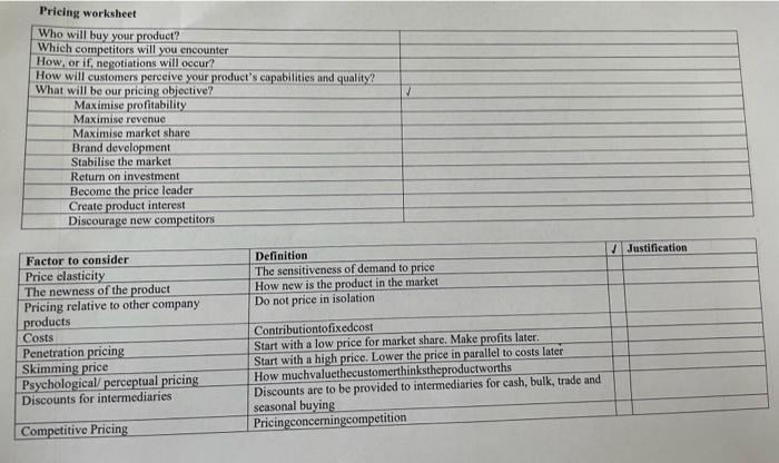 principles of Marketing Pricing worksheet