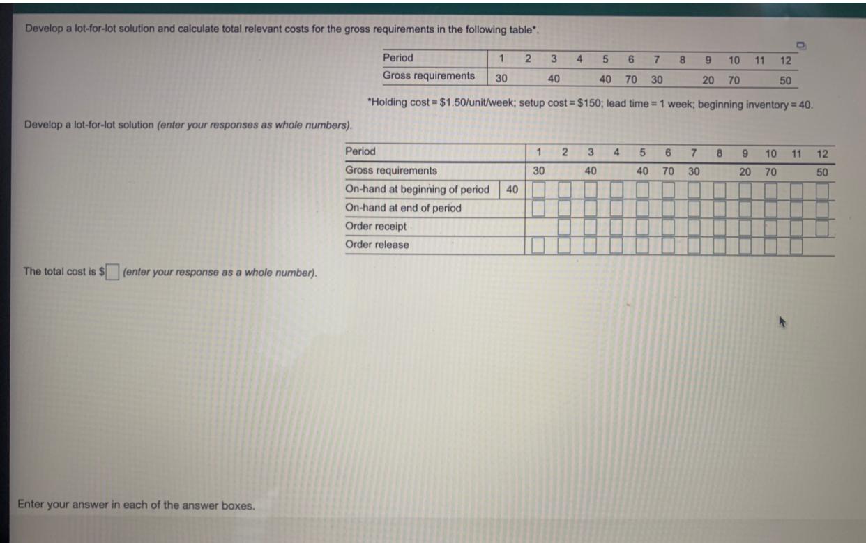 Develop a lot-for-lot solution and calculate