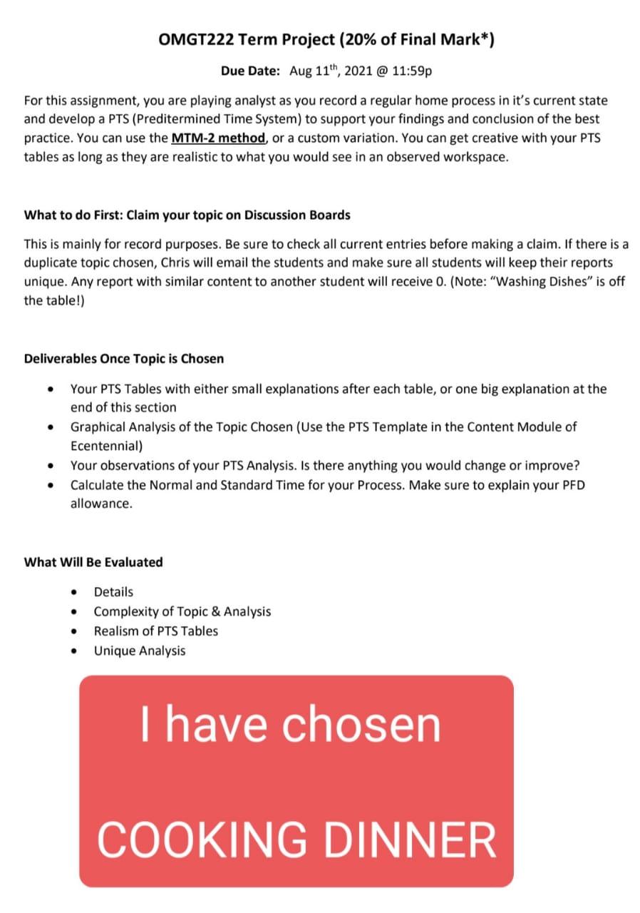 OMGT222 Term Project (20% of Final Mark*) Due