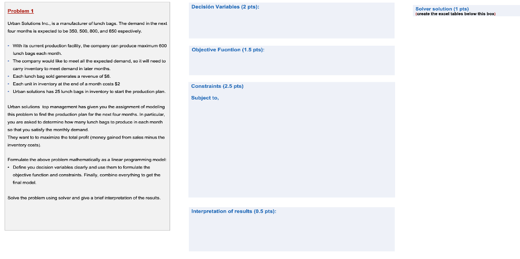 Problem 1 Decisin Variables (2 pts): Solver