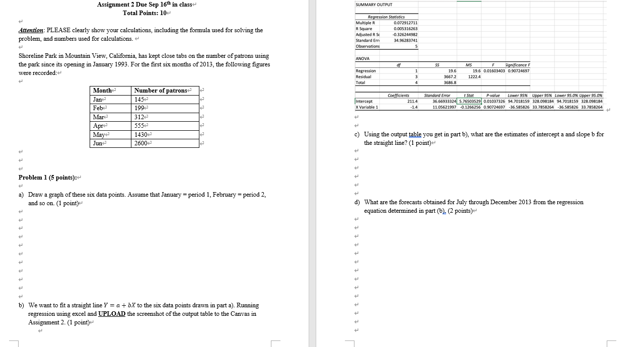 SUMMARY OUTPUT Assignment 2 Due Sep 16th in