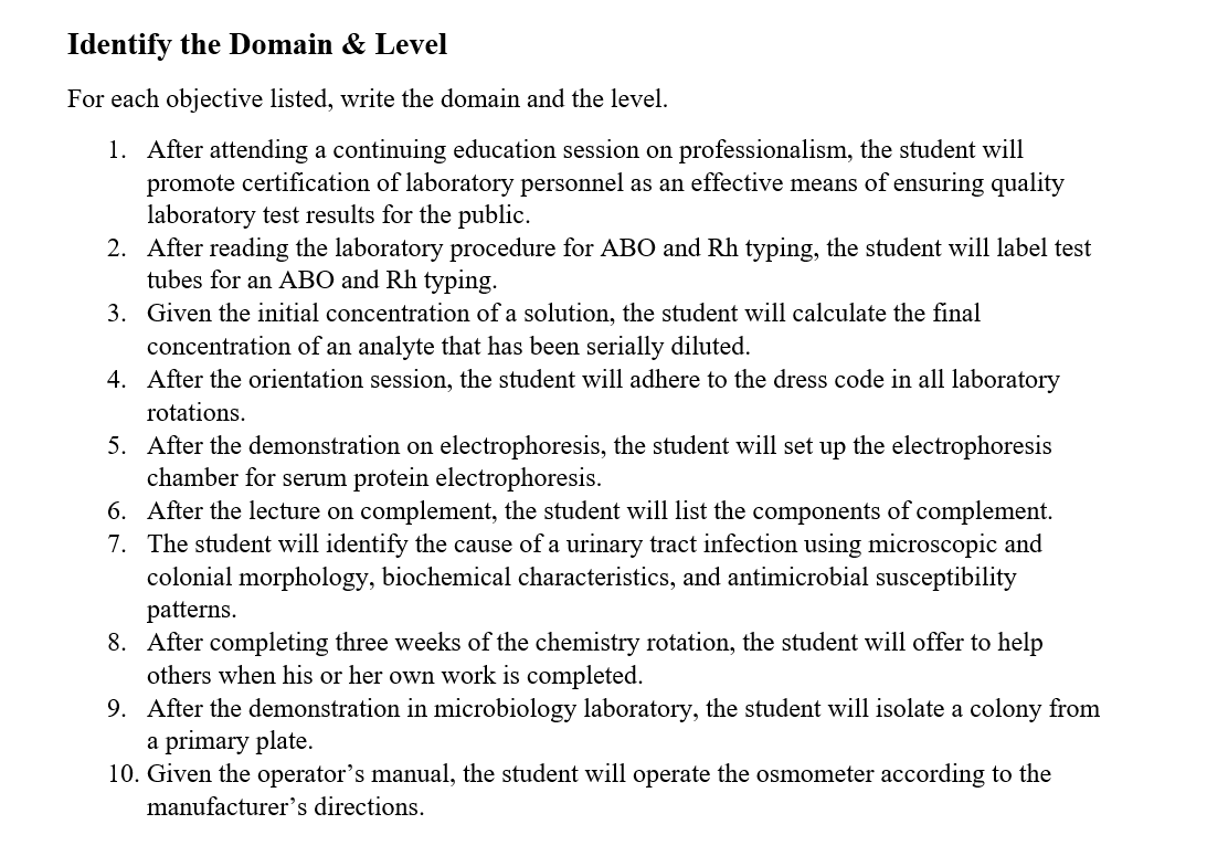 Identify the Domain & Level For each objective