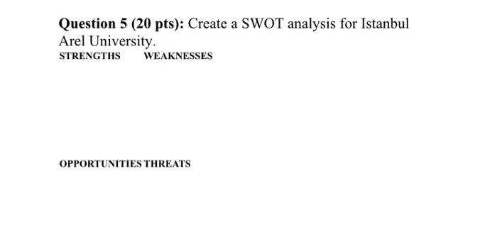 Question 5 (20 pts): Create a SWOT analysis for