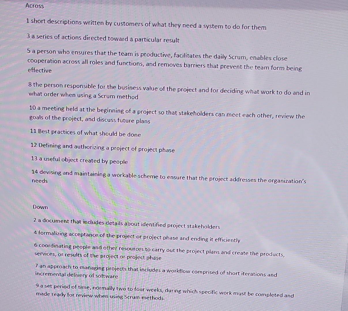 complete the puzzle Across 1 short descriptions